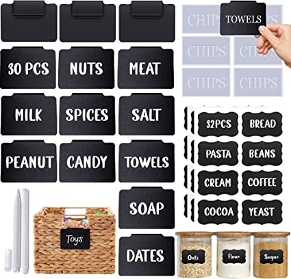 Set of 94 Labels for Storage Bins – 30pcs Basket Labels & 30pcs Stick On  Labels, 32 Black Chalk Labels for Pantry, 2 White Chalk Markers – Plastic  Bin Labels Clip On